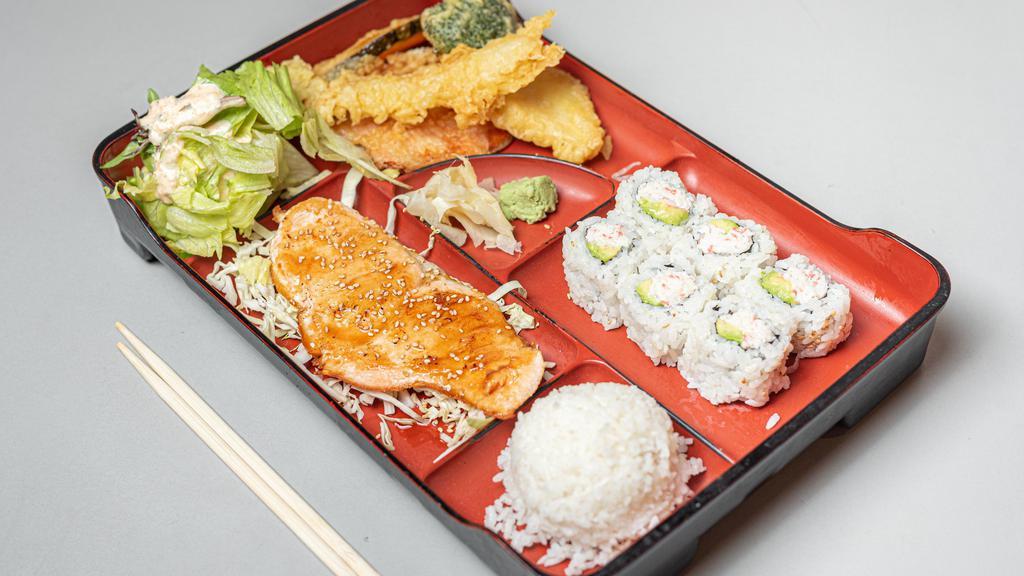 Salmon Teriyaki Bento Dinner · Served with a roll of choice, steamed rice, miso soup ,house salad and Shrimp/Vegetable tempura.
