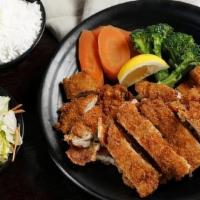 Chicken Katsu Bento Dinner · Served with a roll of choice, steamed rice, miso soup ,house salad and Shrimp/Vegetable temp...