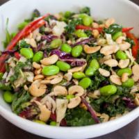 Bamboo's Sesame Kale Salad · Kale, red pepper, jicama, fennel, red and green cabbage, currants, and arugula. Topped with ...