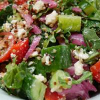 Vlad's Mediterranean Quinoa Salad (Large) · Organic tri-color quinoa, arugula, bel fiore feta cheese, Persian cucumbers, organic cherry ...