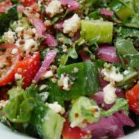 Vlad's Mediterranean Quinoa Salad (Small) · Organic tri-color quinoa, arugula, bel fiore feta cheese, Persian cucumbers, organic cherry ...