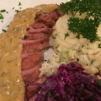 Magret De Canard · Roasted duck breast with dijon mustard and apricot sauce