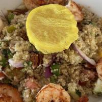 Shrimp Quinoa Salad · Shrimp with quinoa, mango, avocado, pecans, cilantro, cucumbers, onions & tomatoes drizzled ...