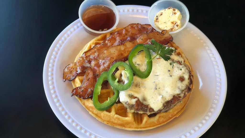 Fried Ranch Chicken on A Waffle · Fried ranch chicken on a Brussels style waffle with bacon and jalapenos, with butter and syrup.