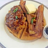 Fried BBQ Chicken ＆ Waffle with Bacon · Fried BBQ chicken and waffle with bacon, butter, and syrup.