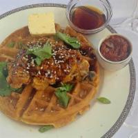 Fried Hoisin Glazed Chicken, Scallions Sesame Seeds ＆ Waffle · Fried hoisin glazed chicken, scallions, sesame seeds, and waffle, with butter, syrup.