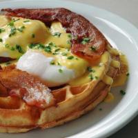 Petillon Waffle · two eggs your way (Options as: sunny
side, over easy, over hard, scrambled,
and poached), ba...