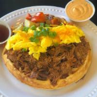 Loaded Pulled Pork Waffle · Belgian waffle topped with pulled pork, two eggs your way (Options as: sunny
side, over easy...