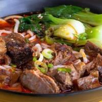 辣牛腩面 Spicy Beef Brisket Noodle Soup · House Favorite! Flavorful beef stock with beef brisket noodle soup. Contains beef  tendon an...