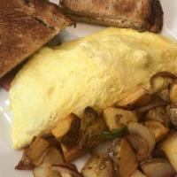 Omelette · Eggs, mushrooms, onions, bell peppers, cheese. Served with grilled potatoes and toast. Add h...