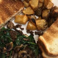 Joe's Special · Ground beef, mushrooms, onions, bell peppers, spinach. Served with grilled potatoes + toast.
