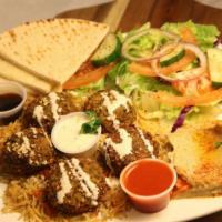 Falalfel Platter · 5 Falafels, Salad, Rice, Hummus, Tahini Sauce, Pita Bread with Side of Tazitki and Spicy Sau...