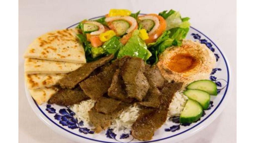 Gyro Platter · Gyro, Rice, Salad, Hummus, Pita, Tzatziki Sauce, Tahini Sauce