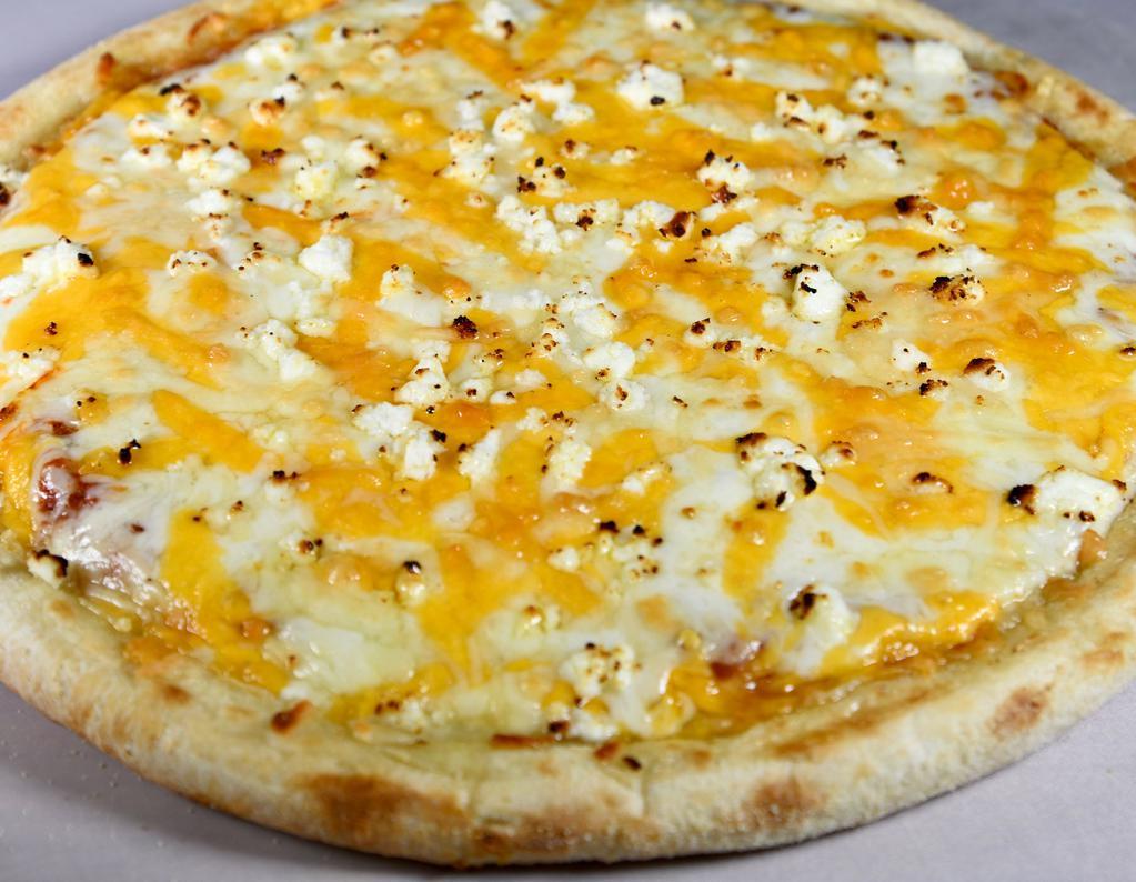 5 Cheese Pizza · Perfect blend of mozzarella, Parmesan, Romano, feta and Cheddar cheese on traditional pizza sauce.