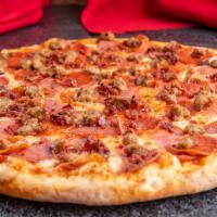 Meat Lovers · Pepperoni, ham, Italian sausage, salami and pieces of bacon plus lots of cheese.