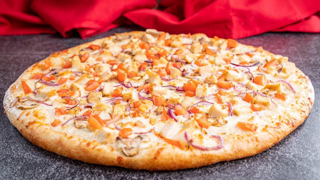 Chicken Deluxe · Chicken breast, red onions, mushrooms, garlic, and tomatoes over creamy white sauce.