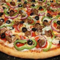 Supreme Pizza · Pepperoni, Italian sausage, ham, green peppers, onions, mushrooms and black olives.