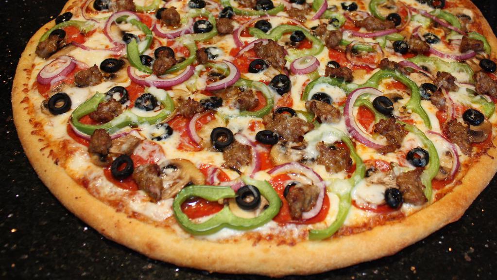 Supreme Pizza · Pepperoni, Italian sausage, ham, green peppers, onions, mushrooms and black olives.