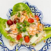 Yum Woon Sen (Rainbow Salad) · Spicy. Glass noodle, shrimp, ground chicken, white onion, cilantro, carrot, cherry tomatoes,...