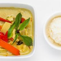 Green Curry · Spicy. Thai Green curry paste with coconut milk, bamboo shoot, bell pepper, zucchini, basil,...
