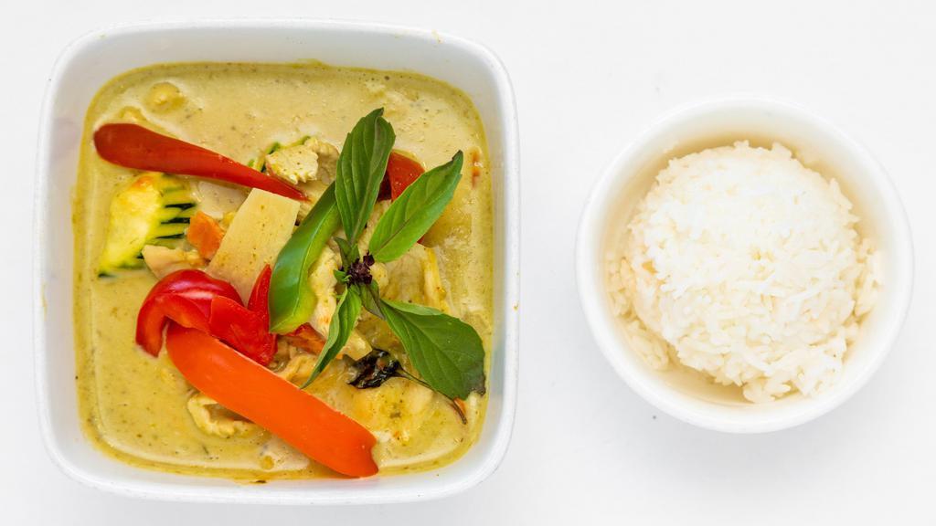 Green Curry · Spicy. Thai Green curry paste with coconut milk, bamboo shoot, bell pepper, zucchini, basil, and your choice of protein.