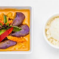 Red Curry · Spicy. Thai Red curry paste with coconut milk, bamboo shoot, eggplant, bell pepper, basil, a...