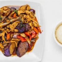Spicy Eggplant · Spicy. Stir-fried eggplant, bell pepper, onion, mushroom, carrot, basil, and chili with your...