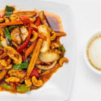 Spicy Cashew Nut · Spicy. Stir-fried bell pepper, onion, mushroom, carrot, cashew nut, and chili with your choi...