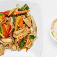 Fresh Ginger · Stir-fried bell pepper, onion, fresh ginger, mushroom, shiitake with your choice of protein.