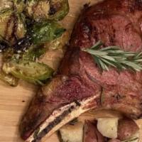 Bistecca Fiorentina · 18 oz grass fed ribeye steak, fresh herbs and sea salt with Brussels sprouts and roasted pot...