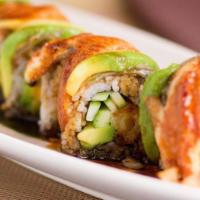 Dragon Roll · Imitation crab. Crab and avocado, topped with BBQ sea eel and sauce.
