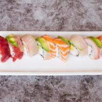 Rainbow Roll · Imitation crab. Crab and avocado topped with several kinds of fish.