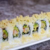 Ebi Crunch Roll · Imitation crab. In: shrimp tempura, crab, avocado, cucumber; out: tempura flakes. Sauce: una...