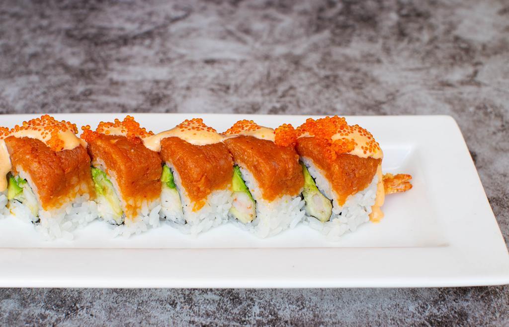 Sagano Roll · Spicy. In: shrimp tempura, avocado; out: spicy tuna, tobiko. Sauce: spicy mayo.