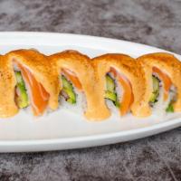 Cajun Salmon · In: Shrimp & asparagus tempura, avocado
Out: Seared cajun seasoned salmon
Sauce: Spicy mayo