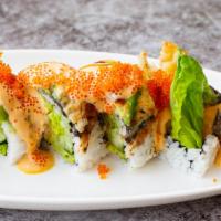 Musashi · In: deep-fried soft-shell crab, cucumber, avocado; out: unagi, avocado, tobiko. Sauce: unagi...