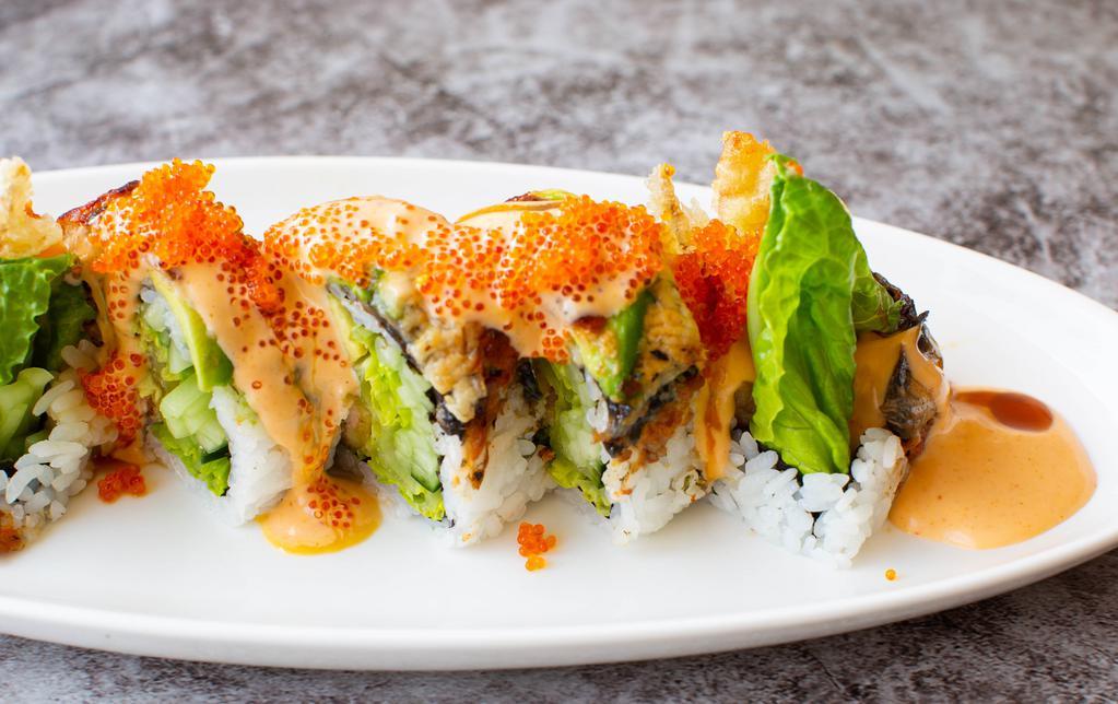 Musashi · In: deep-fried soft-shell crab, cucumber, avocado; out: unagi, avocado, tobiko. Sauce: unagi sauce, spicy mayo.