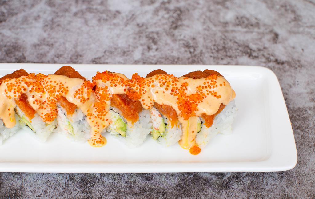 Cal Rose · In: Imitation Crab, Avocado
Out: Spicy Tuna, Tobiko
Sauce: Spicy Mayo