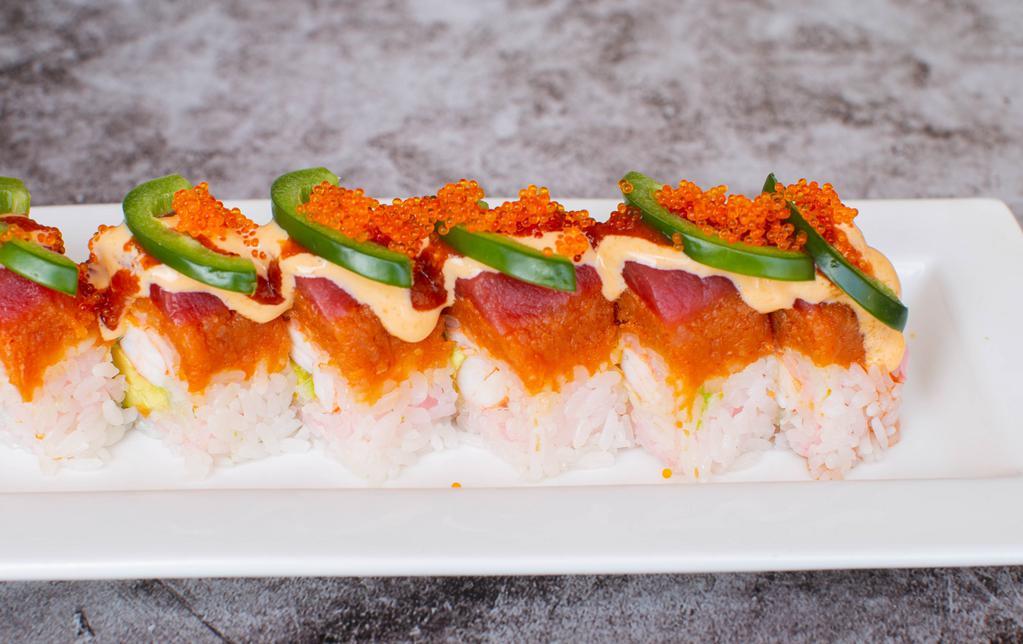 Lari Mania · Spicy. In: ebi, tobiko, avocado; out: tuna, spicy tuna, jalapeño, soy paper. Sauce: spicy mayo and fire sauce.
