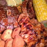 MeatLoco · Serve with rice, Combination BBQ Beef short ribs, BBQ pork ribs, Grilled chicken, Fried chic...