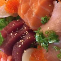 Meha Seafood bowl · serve sushi rice, Veggie salad,  fresh tuna , fresh salmon, hamachi & Tobiko