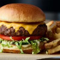 Classic Cheeseburger · Beef burger, American cheese, house-made pickles, lettuce, tomato, aioli. Served with perfec...