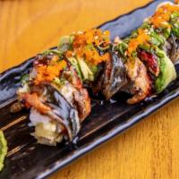 A's Roll · Inside: shrimp tempura, and avocado. Top: unagi (eel), avocado, and house sauce.