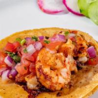 Camaron Taco · Corn tortilla, shrimp, and pico de gallo. Complimentary garnish: radish, cucumber, lime, and...