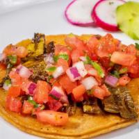 Nopal Taco (Veggie Option) · Corn tortilla, cactus, and pico de gallo. Complimentary garnish: radish, cucumber, lime, and...