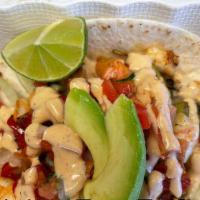 Shrimp Tacos (2) · Grilled shrimp, flour tortilla, lettuce, grilled veggies, pico de gallo, special sauce and s...