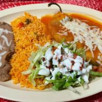 Chile Relleno Plate · Serve with rice beans and salad.