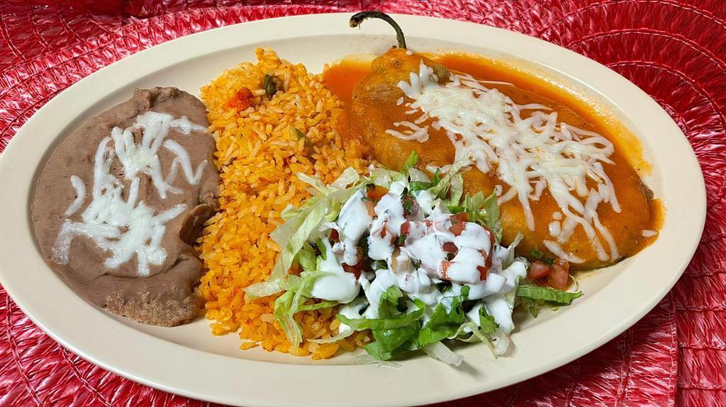 Chile Relleno Plate · Serve with rice beans and salad.