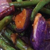 Spicy Eggplant & String Beans · Fresh eggplant, string beans, hot garlic sauce.
