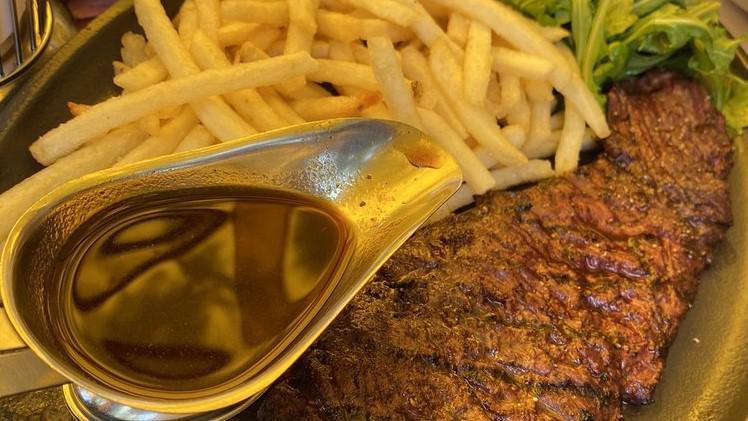 Steak Frites · 8 oz. skirt steak, pommes frites, includes choice of Bordelaise, Roquefort butter, or au poivre sauce